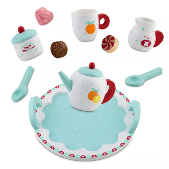 Fa teáskészlet, Ricokids RK-869, fa, pasztell színek, Montessori ihletésű, tálcával, csészékkel, kanalakkal, tejeskannával és cukortartóval, készségfejlesztő