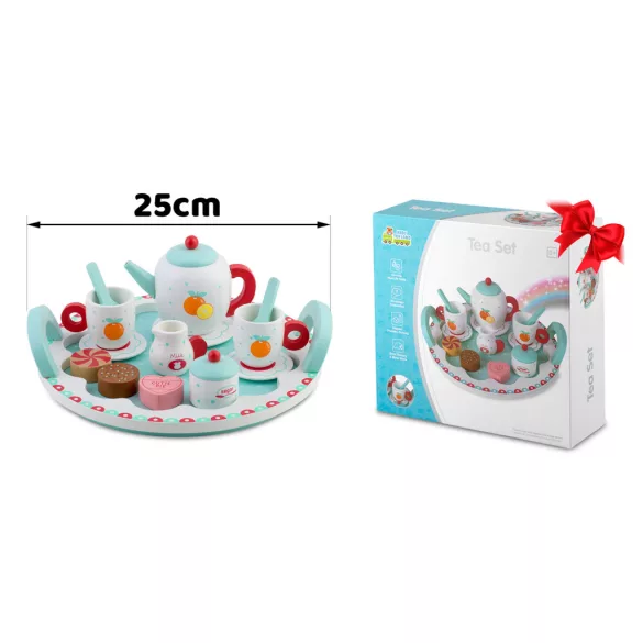 Fa teáskészlet, Ricokids RK-869, fa, pasztell színek, Montessori ihletésű, tálcával, csészékkel, kanalakkal, tejeskannával és cukortartóval, készségfejlesztő