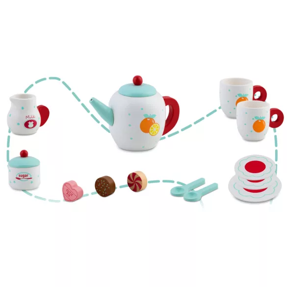 Fa teáskészlet, Ricokids RK-869, fa, pasztell színek, Montessori ihletésű, tálcával, csészékkel, kanalakkal, tejeskannával és cukortartóval, készségfejlesztő