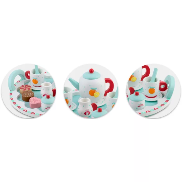 Fa teáskészlet, Ricokids RK-869, fa, pasztell színek, Montessori ihletésű, tálcával, csészékkel, kanalakkal, tejeskannával és cukortartóval, készségfejlesztő
