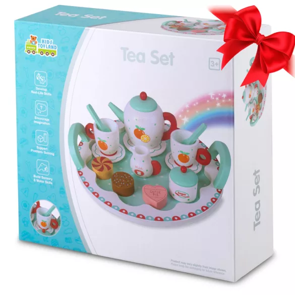 Fa teáskészlet, Ricokids RK-869, fa, pasztell színek, Montessori ihletésű, tálcával, csészékkel, kanalakkal, tejeskannával és cukortartóval, készségfejlesztő