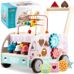   Fa tologatós járássegítő, Ricokids RK-873, Montessori ihletésű, formaválogató és golyópálya, forgó fogaskerekekkel, fagyis kiegészítőkkel