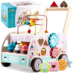 Fa tologatós járássegítő, Ricokids RK-873, Montessori ihletésű, formaválogató és golyópálya, forgó fogaskerekekkel, fagyis kiegészítőkkel