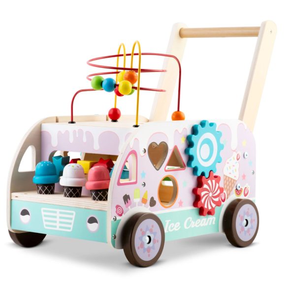 Fa tologatós járássegítő, Ricokids RK-873, Montessori ihletésű, formaválogató és golyópálya, forgó fogaskerekekkel, fagyis kiegészítőkkel