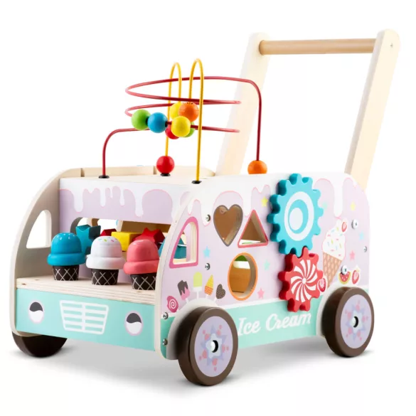 Fa tologatós járássegítő, Ricokids RK-873, Montessori ihletésű, formaválogató és golyópálya, forgó fogaskerekekkel, fagyis kiegészítőkkel