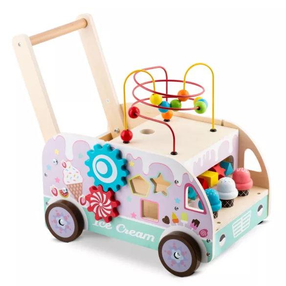 Fa tologatós járássegítő, Ricokids RK-873, Montessori ihletésű, formaválogató és golyópálya, forgó fogaskerekekkel, fagyis kiegészítőkkel