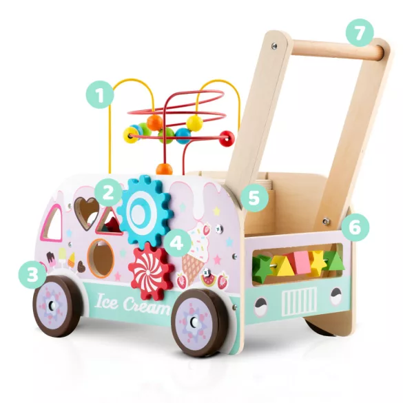 Fa tologatós járássegítő, Ricokids RK-873, Montessori ihletésű, formaválogató és golyópálya, forgó fogaskerekekkel, fagyis kiegészítőkkel