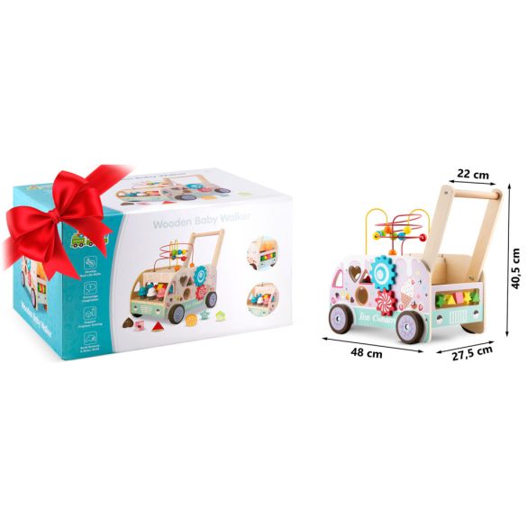 Fa tologatós járássegítő, Ricokids RK-873, Montessori ihletésű, formaválogató és golyópálya, forgó fogaskerekekkel, fagyis kiegészítőkkel