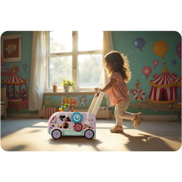 Fa tologatós járássegítő, Ricokids RK-873, Montessori ihletésű, formaválogató és golyópálya, forgó fogaskerekekkel, fagyis kiegészítőkkel