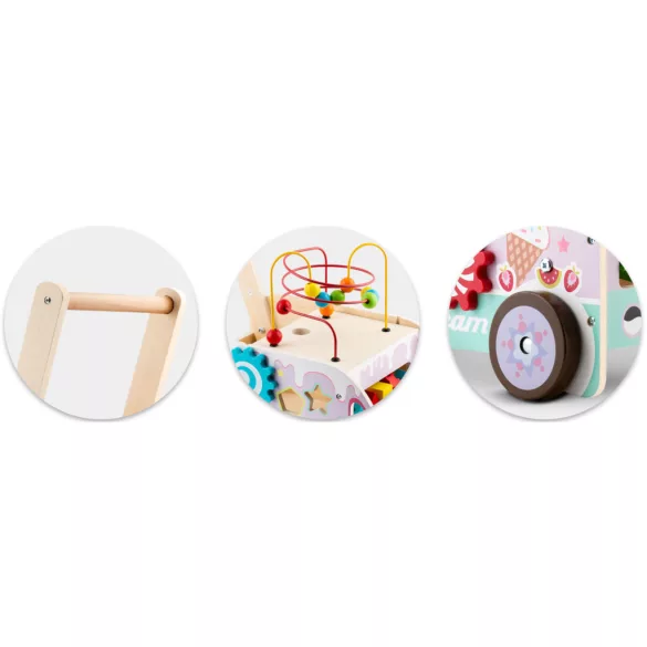 Fa tologatós járássegítő, Ricokids RK-873, Montessori ihletésű, formaválogató és golyópálya, forgó fogaskerekekkel, fagyis kiegészítőkkel