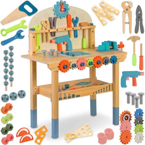 Fa játékasztal, Ricokids RK-876, gyerek munkapad szerszámkészlettel, Montessori ihletésű, készségfejlesztő (TE787600)