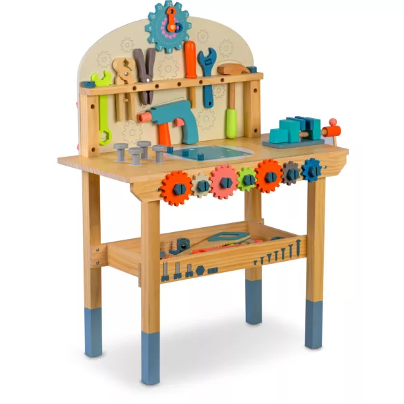Fa játékasztal, Ricokids RK-876, gyerek munkapad szerszámkészlettel, Montessori ihletésű, készségfejlesztő (TE787600)