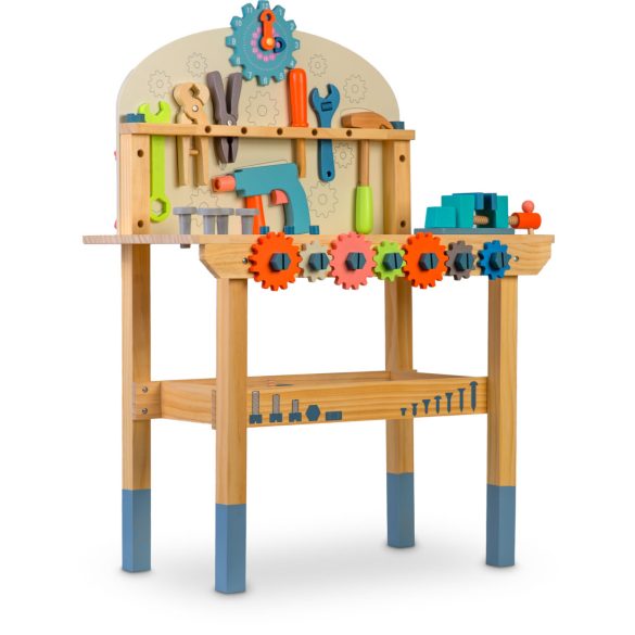 Fa játékasztal, Ricokids RK-876, gyerek munkapad szerszámkészlettel, Montessori ihletésű, készségfejlesztő