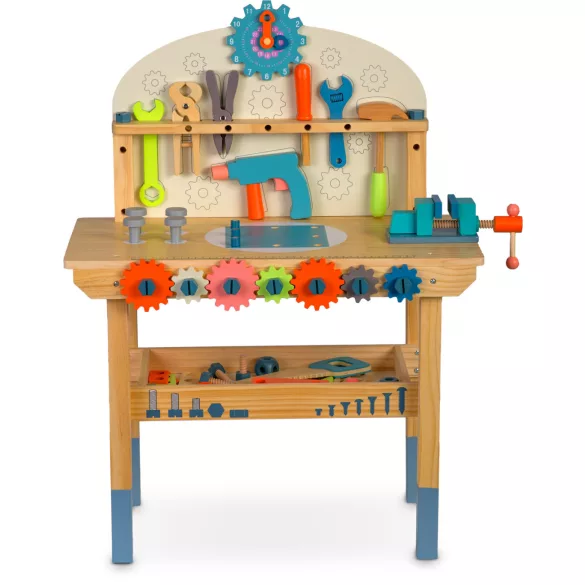 Fa játékasztal, Ricokids RK-876, gyerek munkapad szerszámkészlettel, Montessori ihletésű, készségfejlesztő (TE787600)