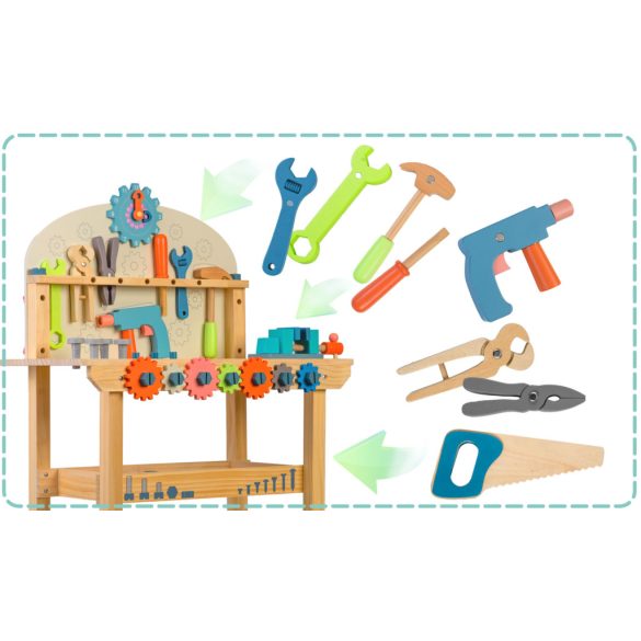 Fa játékasztal, Ricokids RK-876, gyerek munkapad szerszámkészlettel, Montessori ihletésű, készségfejlesztő