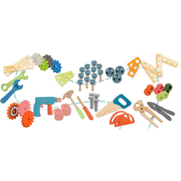 Fa játékasztal, Ricokids RK-876, gyerek munkapad szerszámkészlettel, Montessori ihletésű, készségfejlesztő