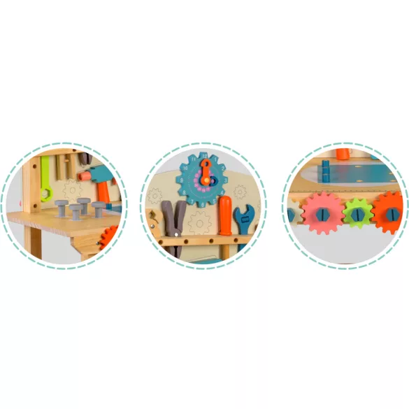 Fa játékasztal, Ricokids RK-876, gyerek munkapad szerszámkészlettel, Montessori ihletésű, készségfejlesztő (TE787600)