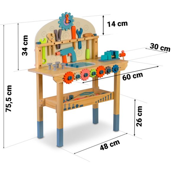Fa játékasztal, Ricokids RK-876, gyerek munkapad szerszámkészlettel, Montessori ihletésű, készségfejlesztő