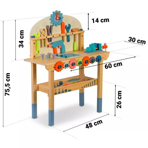 Fa játékasztal, Ricokids RK-876, gyerek munkapad szerszámkészlettel, Montessori ihletésű, készségfejlesztő (TE787600)