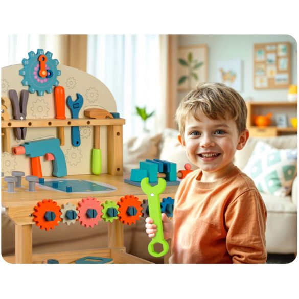 Fa játékasztal, Ricokids RK-876, gyerek munkapad szerszámkészlettel, Montessori ihletésű, készségfejlesztő