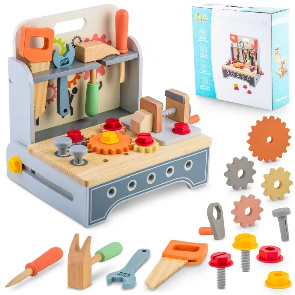 Fa gyerek munkapad, Ricokids RK-877, 2,1 kg, szerszámkészlettel, satuval, Montessori ihletésű, fejleszti a finommotorikát