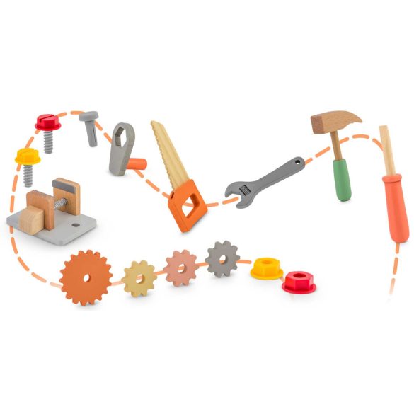 Fa gyerek munkapad, Ricokids RK-877, 2,1 kg, szerszámkészlettel, satuval, Montessori ihletésű, fejleszti a finommotorikát