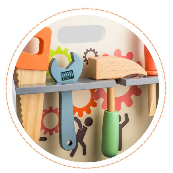 Fa gyerek munkapad, Ricokids RK-877, 2,1 kg, szerszámkészlettel, satuval, Montessori ihletésű, fejleszti a finommotorikát