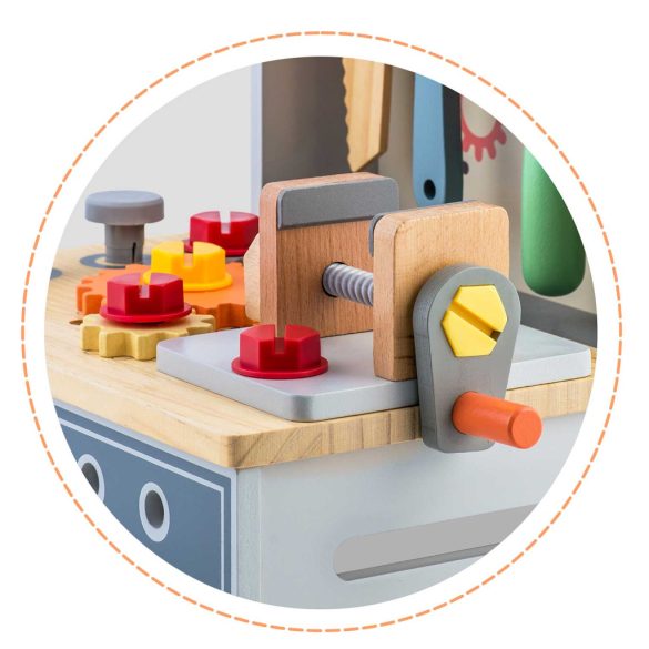 Fa gyerek munkapad, Ricokids RK-877, 2,1 kg, szerszámkészlettel, satuval, Montessori ihletésű, fejleszti a finommotorikát