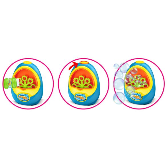 Buborékfújó gép, Ricokids RK-903, kék/sárga, 11,5 x 7 x 15 cm, automata, buborékfújó folyadékkal, 3 éves kortól, nem zenélő, elemes (2 x AA, nem tartozék)