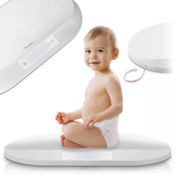 Elektronikus babamérleg, Nukido NK-950, fehér, 5 g pontosság, beépített 150 cm mérőszalag, teherbírás: 40 kg, elemes (3 x  AAA, tartozék)