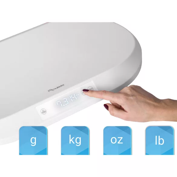 Elektronikus babamérleg, Nukido NK-950, fehér, 5 g pontosság, beépített 150 cm mérőszalag, teherbírás: 40 kg, elemes (3 x  AAA, tartozék)