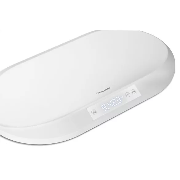 Elektronikus babamérleg, Nukido NK-950, fehér, 5 g pontosság, beépített 150 cm mérőszalag, teherbírás: 40 kg, elemes (3 x  AAA, tartozék)
