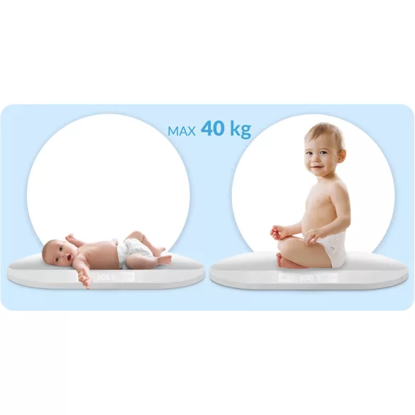 Elektronikus babamérleg, Nukido NK-950, fehér, 5 g pontosság, beépített 150 cm mérőszalag, teherbírás: 40 kg, elemes (3 x  AAA, tartozék)