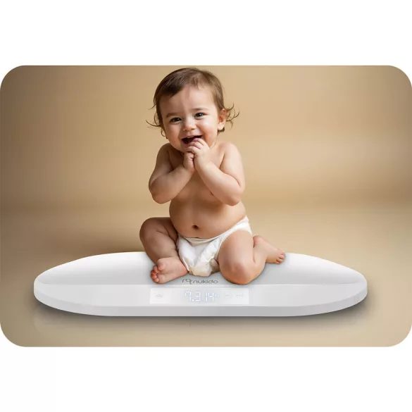 Elektronikus babamérleg, Nukido NK-950, fehér, 5 g pontosság, beépített 150 cm mérőszalag, teherbírás: 40 kg, elemes (3 x  AAA, tartozék)