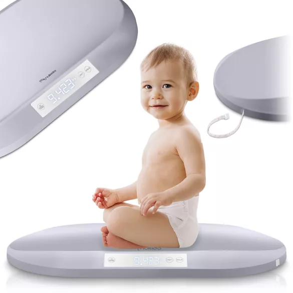 Elektronikus babamérleg, Nukido NK-950, világosszürke, 5 g pontosság, beépített 150 cm mérőszalag, teherbírás: 40 kg, elemes (3 x  AAA, tartozék)