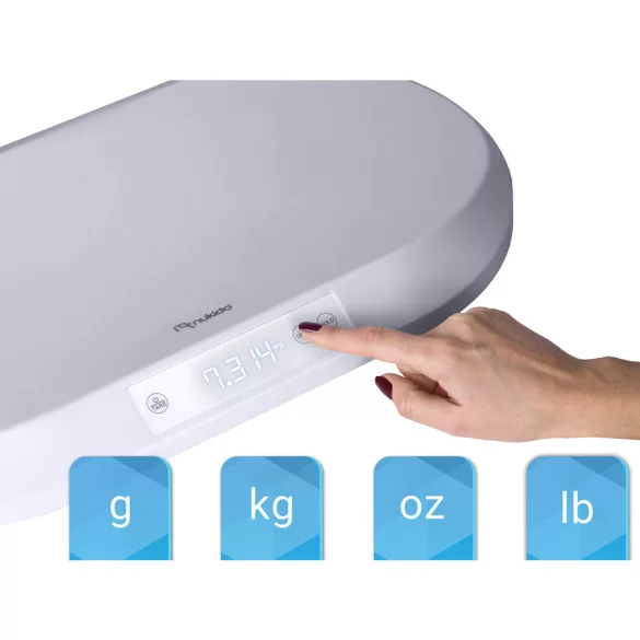 Elektronikus babamérleg, Nukido NK-950, világosszürke, 5 g pontosság, beépített 150 cm mérőszalag, teherbírás: 40 kg, elemes (3 x  AAA, tartozék)