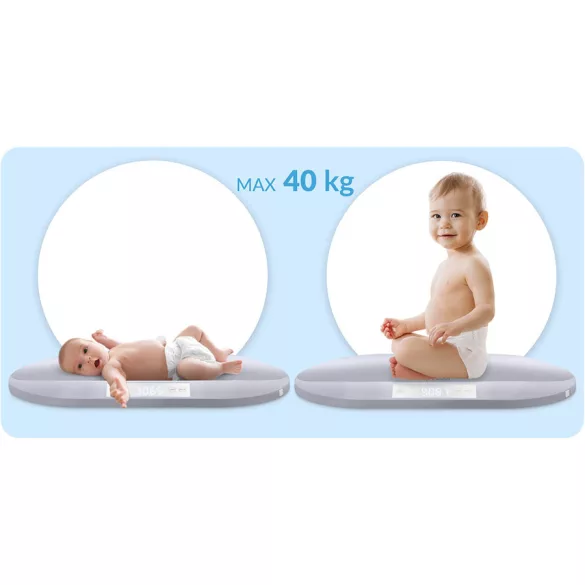 Elektronikus babamérleg, Nukido NK-950, világosszürke, 5 g pontosság, beépített 150 cm mérőszalag, teherbírás: 40 kg, elemes (3 x  AAA, tartozék)