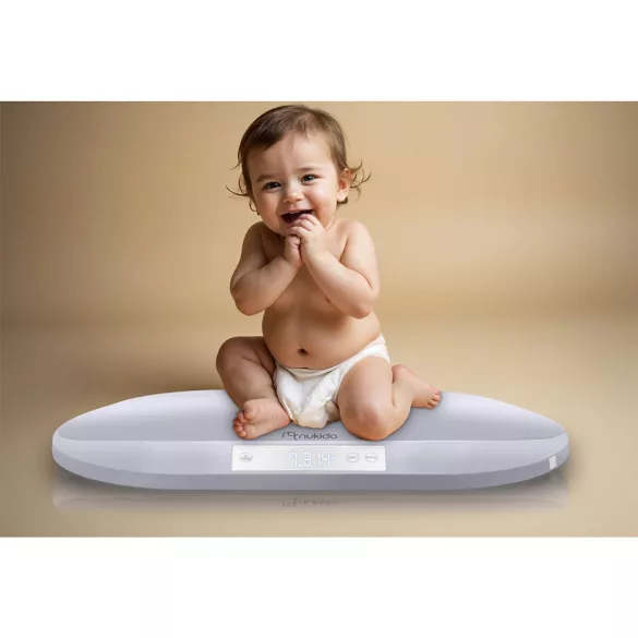 Elektronikus babamérleg, Nukido NK-950, világosszürke, 5 g pontosság, beépített 150 cm mérőszalag, teherbírás: 40 kg, elemes (3 x  AAA, tartozék)