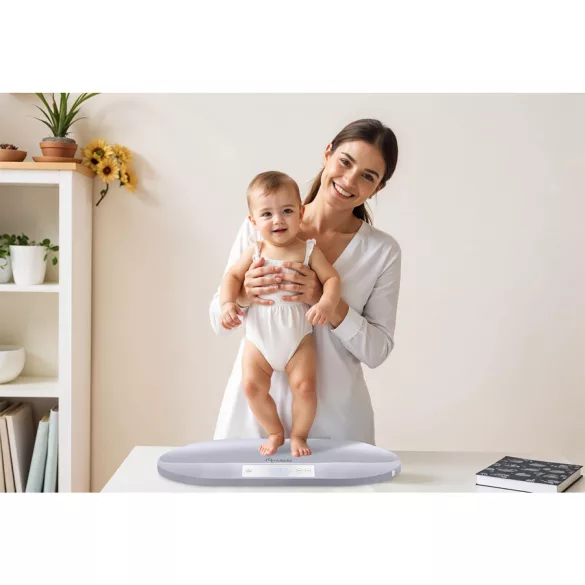 Elektronikus babamérleg, Nukido NK-950, világosszürke, 5 g pontosság, beépített 150 cm mérőszalag, teherbírás: 40 kg, elemes (3 x  AAA, tartozék)