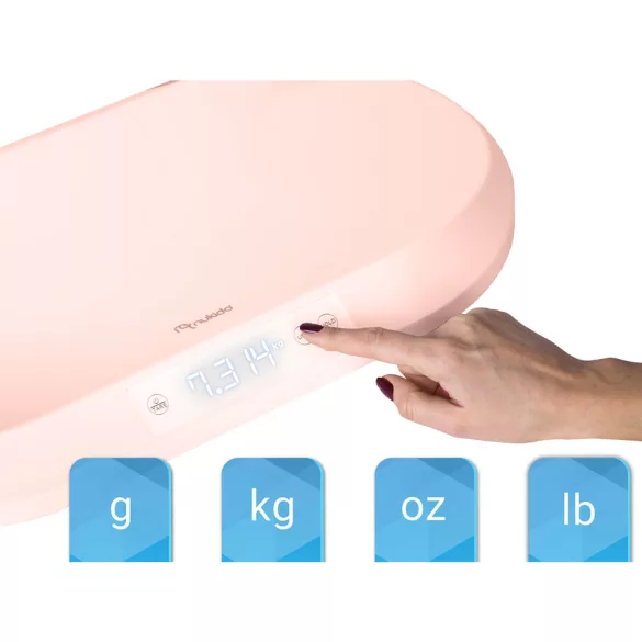 Elektronikus babamérleg, Nukido NK-950, rózsaszín, 5 g pontosság, beépített 150 cm mérőszalag, teherbírás: 40 kg, elemes (3 x  AAA, tartozék)