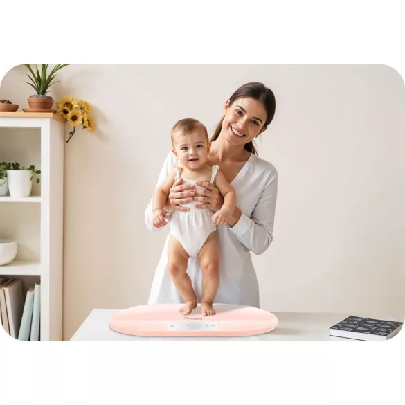 Elektronikus babamérleg, Nukido NK-950, rózsaszín, 5 g pontosság, beépített 150 cm mérőszalag, teherbírás: 40 kg, elemes (3 x  AAA, tartozék)
