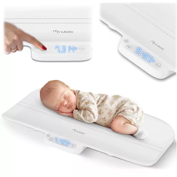 Elektronikus babamérleg, Nukido NK-951, fehér, 5 g pontosság, beépített 60 cm mérőszalag, teherbírás: 40 kg, elemes (2 x AAA, tartozék)