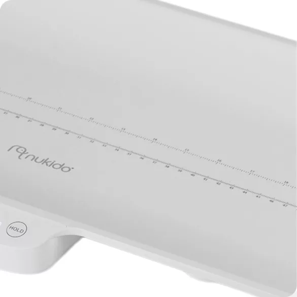 Elektronikus babamérleg, Nukido NK-951, fehér, 5 g pontosság, beépített 60 cm mérőszalag, teherbírás: 40 kg, elemes (2 x AAA, tartozék)