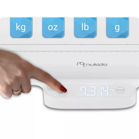 Elektronikus babamérleg, Nukido NK-951, fehér, 5 g pontosság, beépített 60 cm mérőszalag, teherbírás: 40 kg, elemes (2 x AAA, tartozék)