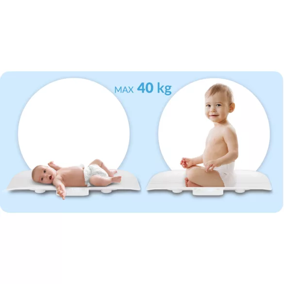 Elektronikus babamérleg, Nukido NK-951, fehér, 5 g pontosság, beépített 60 cm mérőszalag, teherbírás: 40 kg, elemes (2 x AAA, tartozék)