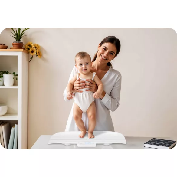 Elektronikus babamérleg, Nukido NK-951, fehér, 5 g pontosság, beépített 60 cm mérőszalag, teherbírás: 40 kg, elemes (2 x AAA, tartozék)