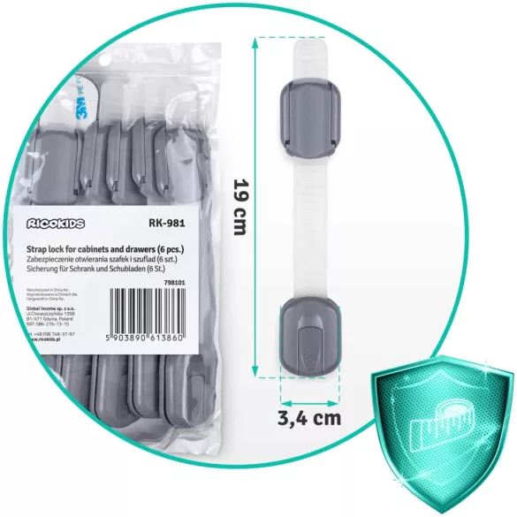 Gyerekzár, Ricokids 798101, szürke, szerkényhez és fiókhoz, 19 x 3, 4 cm, állítható, 6 db zár, UV álló, műanyag, 3M ragasztóval (TE798101)