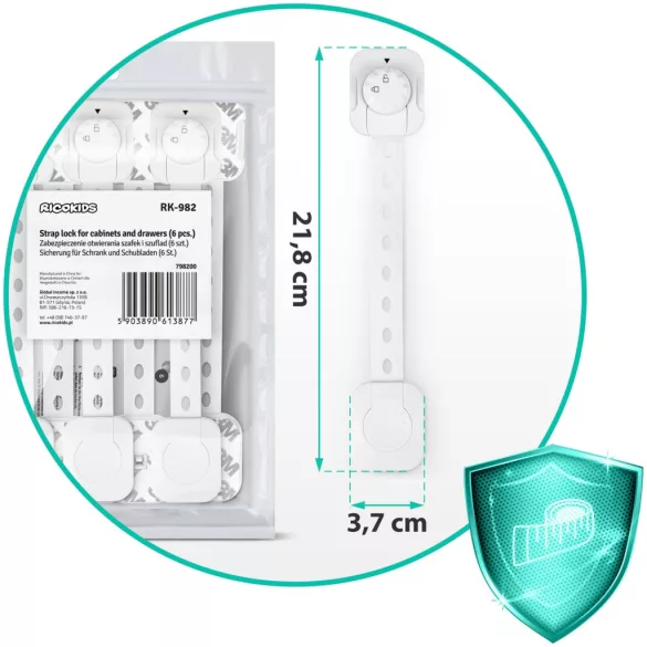 Gyerekzár, Ricokids 798200, fehér, szerkényhez és fiókhoz, 21, 8 x 3, 7 cm, állítható, 6 db zár, UV álló, műanyag, 3M ragasztóval (TE798200)