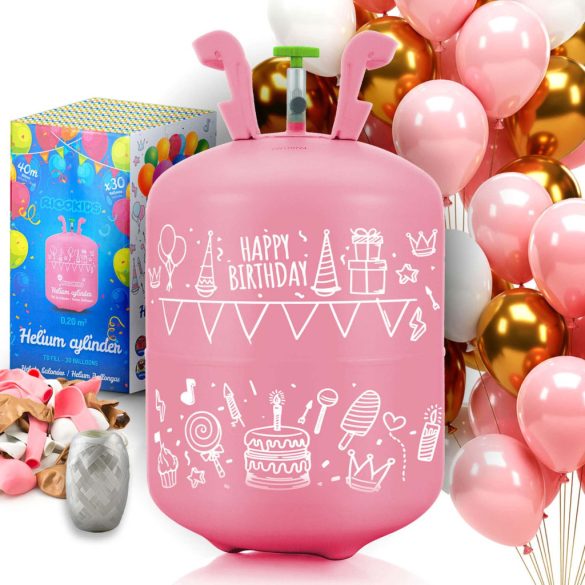 Hélium 30 db lufi felfújásához, Ricokids, rózsaszín, 0,2 m3 héliumtartály, 30 db vegyes színű lufival, 40 m szalag, egyszer használatos palack, hordozható, nyomáscsökkentővel