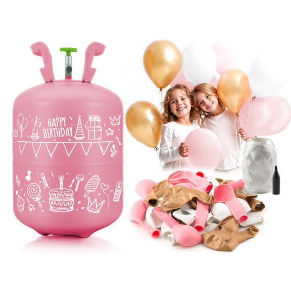 Hélium 30 db lufi felfújásához, Ricokids, rózsaszín, 0,2 m3 héliumtartály, 30 db vegyes színű lufival, 40 m szalag, egyszer használatos palack, hordozható, nyomáscsökkentővel